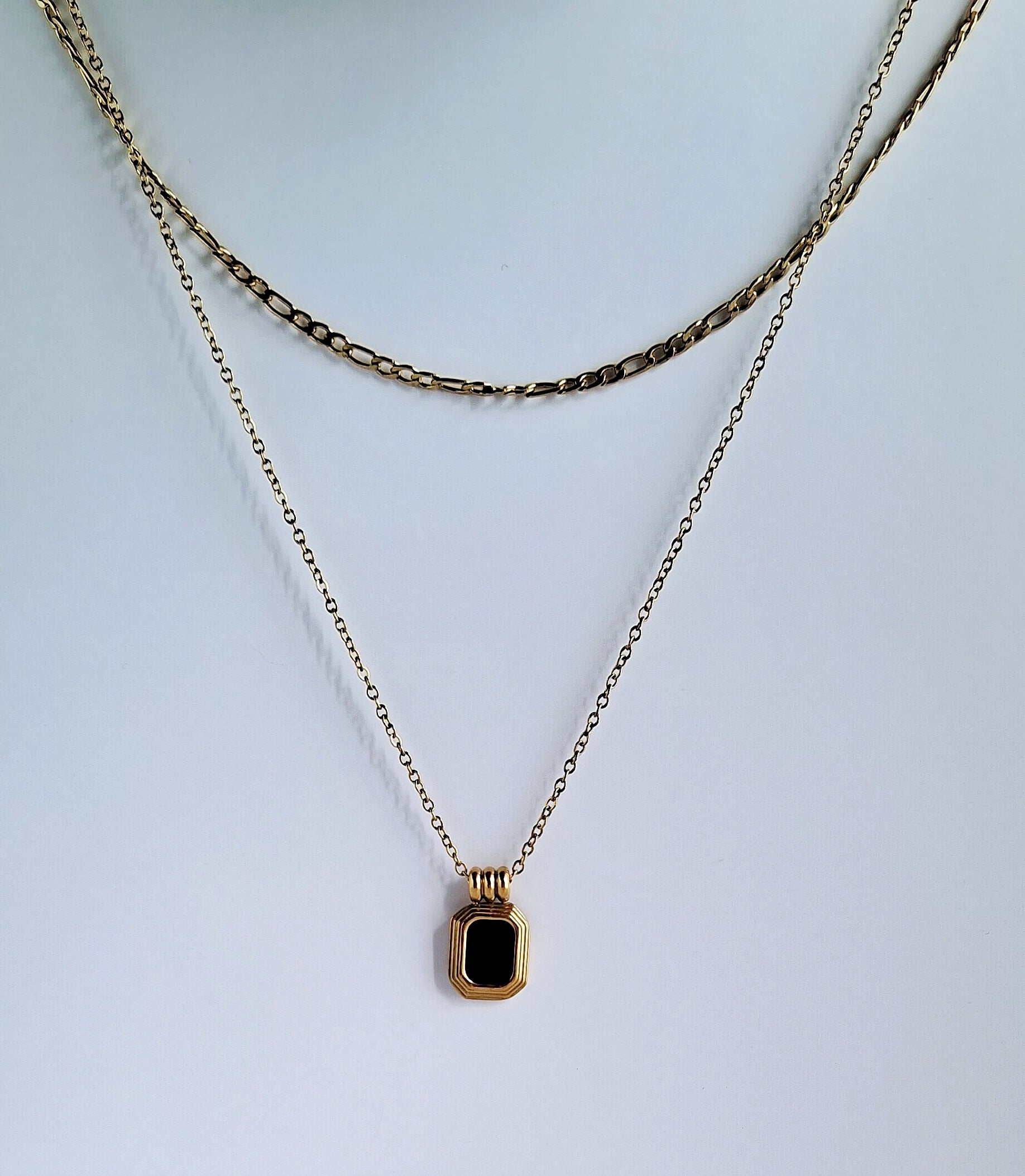 Midnight Black  Stone  Layered Necklace | 18K Gold-Plated-Step - Up